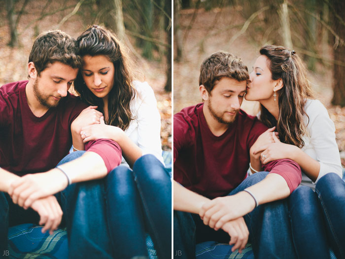 engagement session in the woods, surrounding a fire with smores and flannel in autumn