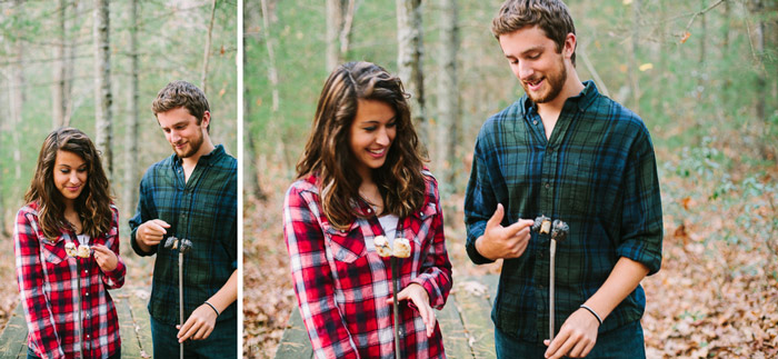 engagement session in the woods, surrounding a fire with smores and flannel in autumn