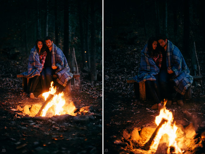 engagement session in the woods, surrounding a fire with smores and flannel in autumn