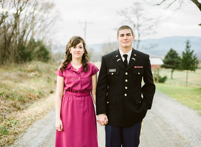 fuji 400h military couple in uniform with letters they wrote to each other 1950s farmhouse engagement photo shoot