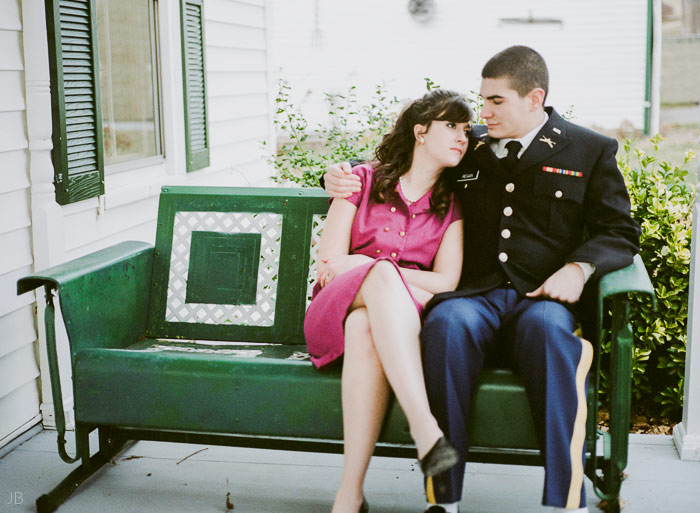 fuji 400h military couple in uniform with letters they wrote to each other 1950s farmhouse engagement photo shoot