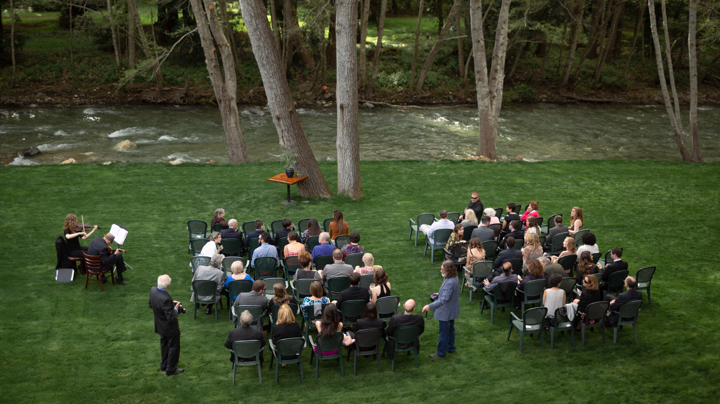 birds eye view of ceremony next to big sur river - big sur california wedding - laid back wedding in big sur california - fuji provia film look true to life colors