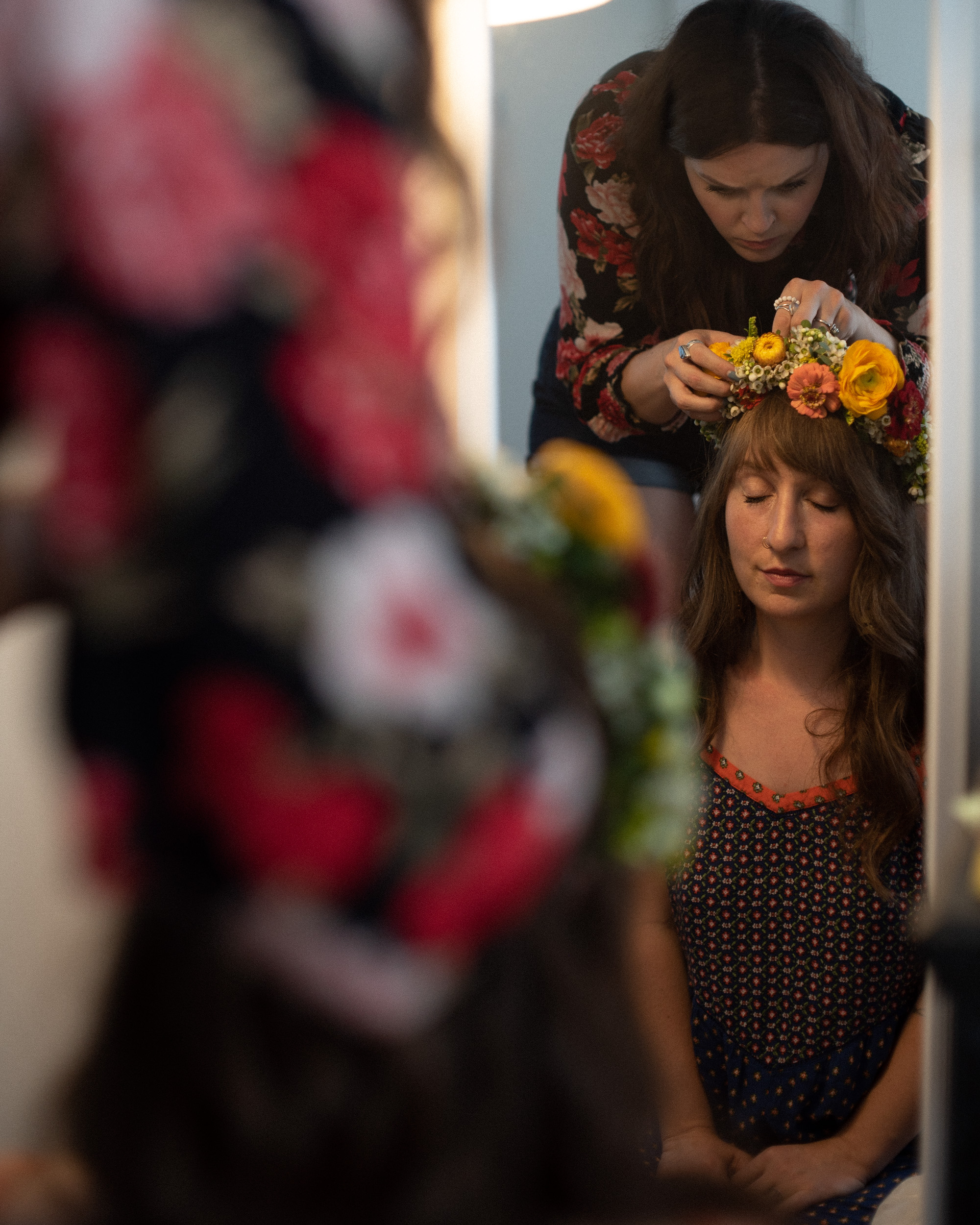 virginia bride getting ready with flower crown in farmhouse - fujifilm film look documentary photographer